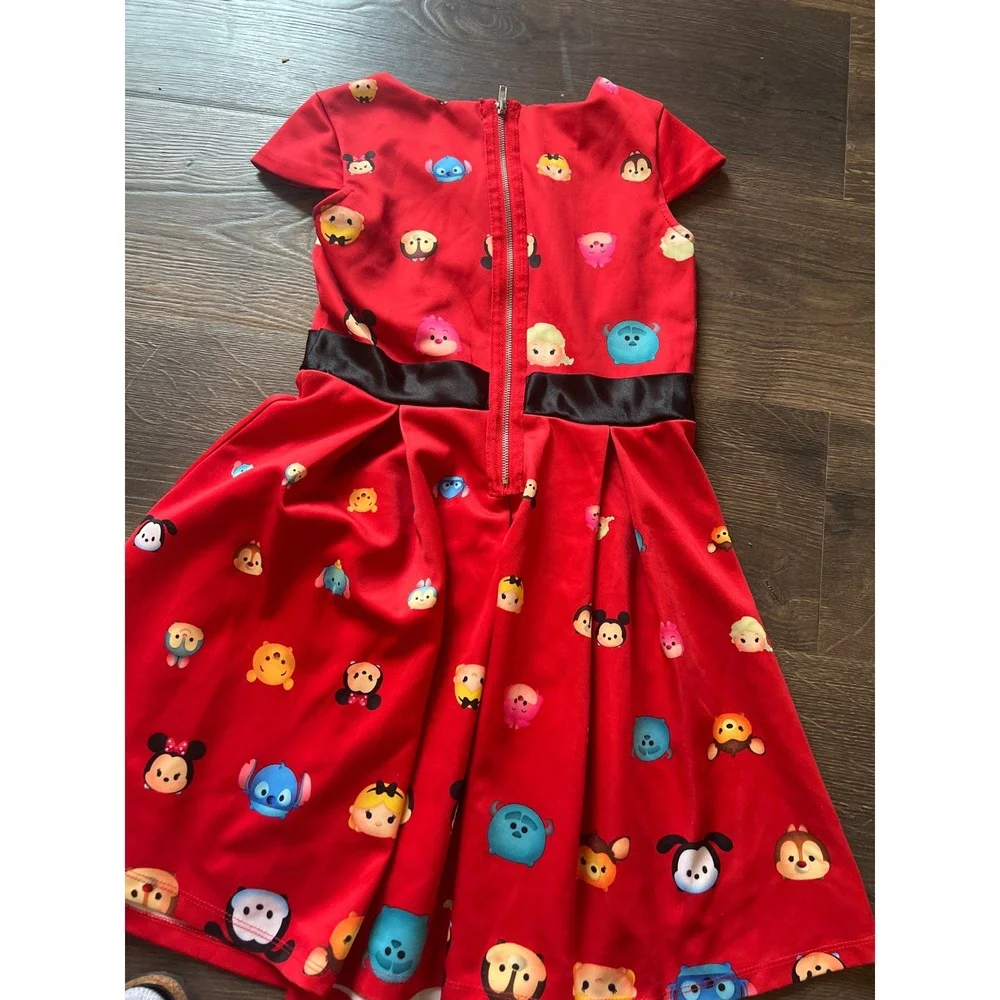 Disney Tsum Tsum Girls Red Character Print Dress Bow Waist‎ Size M 7-8